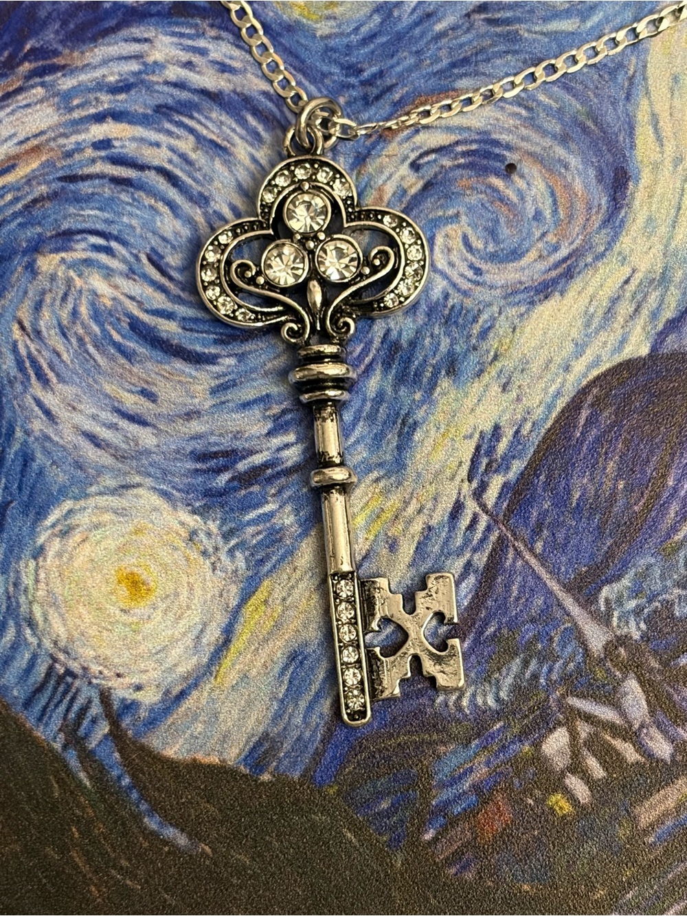 Silver Tone Crystal Key Pendant Necklace - Sparkling Key Charm